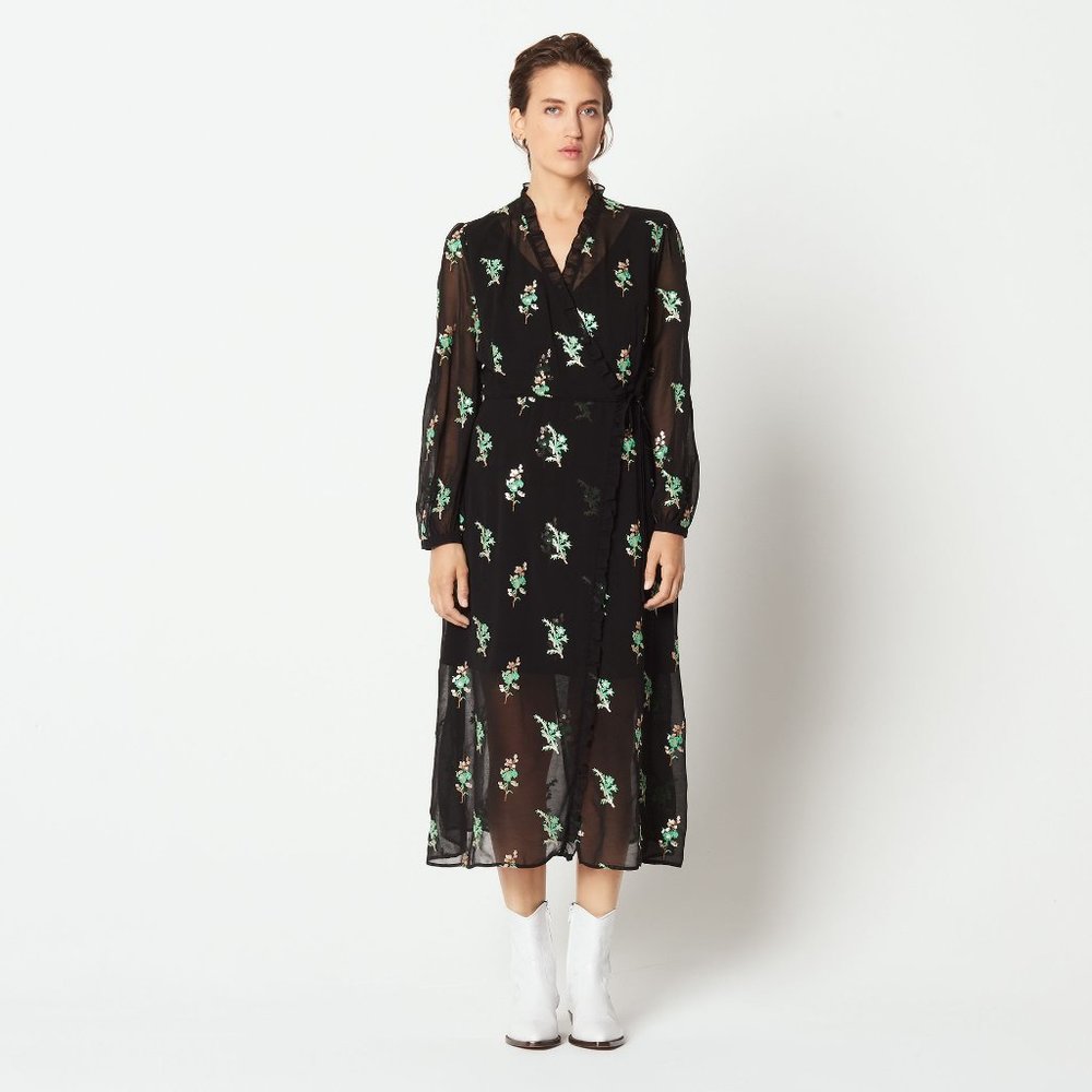 Sandro midi dress, floral embroidery sheer dress over black slip